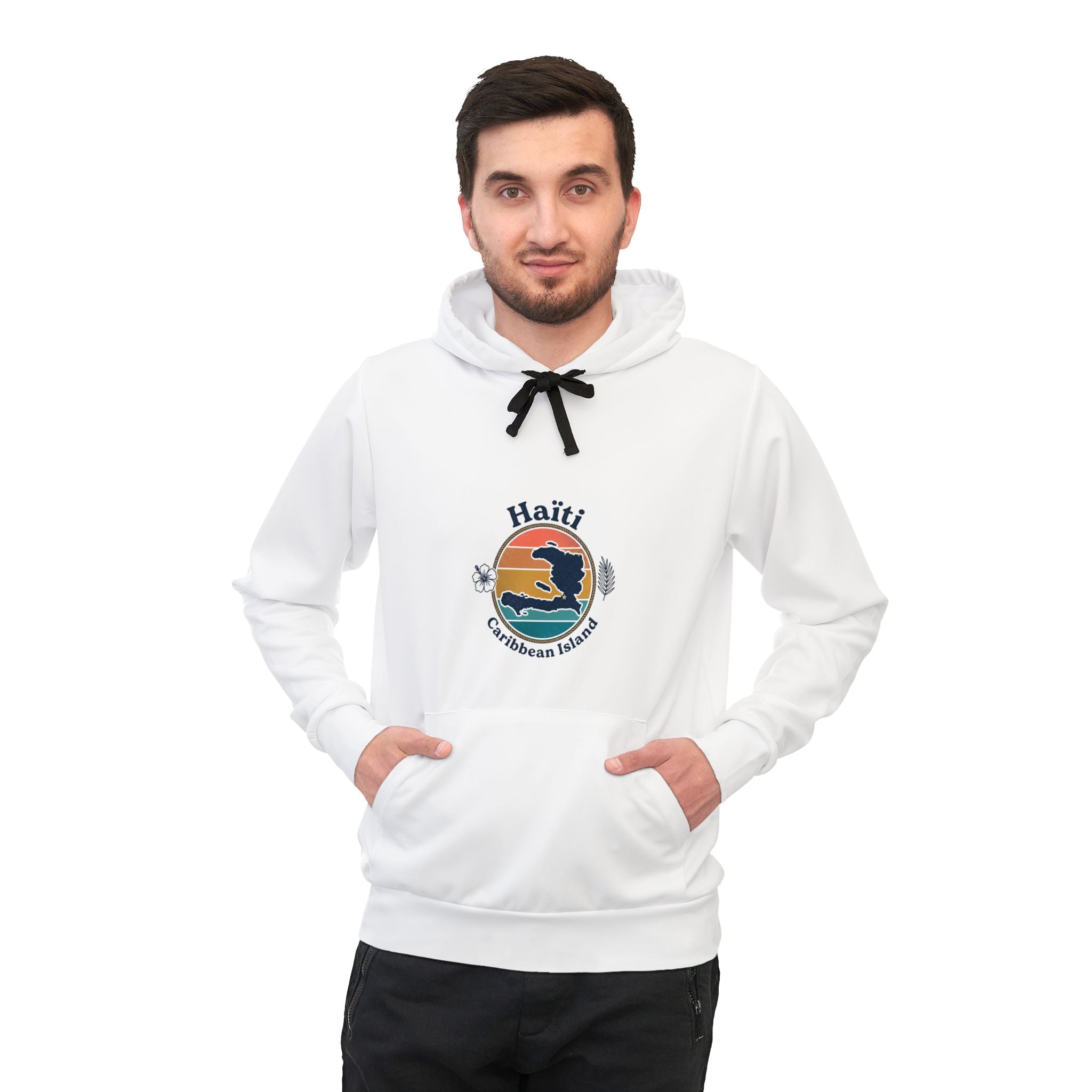 Retro Coastal Sunrise Athletic Hoodie — "Adventure Awaits" Graphic